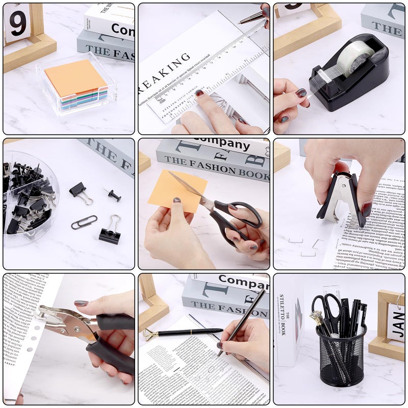 Froidesente 17 in 1 Black Desk Organizers and Accessories Set  3 Office Desk Supplies Storage Organization  4 Pens  Stapler  Staples & Remover  Tape & Dispenser  Scissors  Ruler  Clips  Hole Punch  Sticky Holder - Image 5
